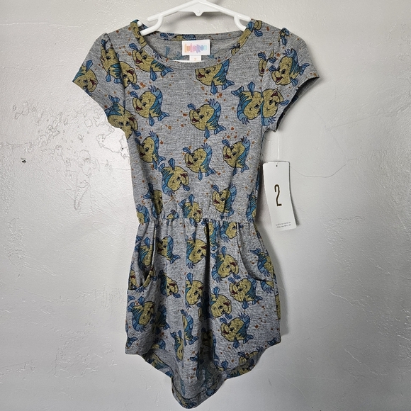 Lularoe NWT Toddler Girl 2 Grey Short Sleeve Dress Flounder Little Mermaid Fish - Picture 1 of 6